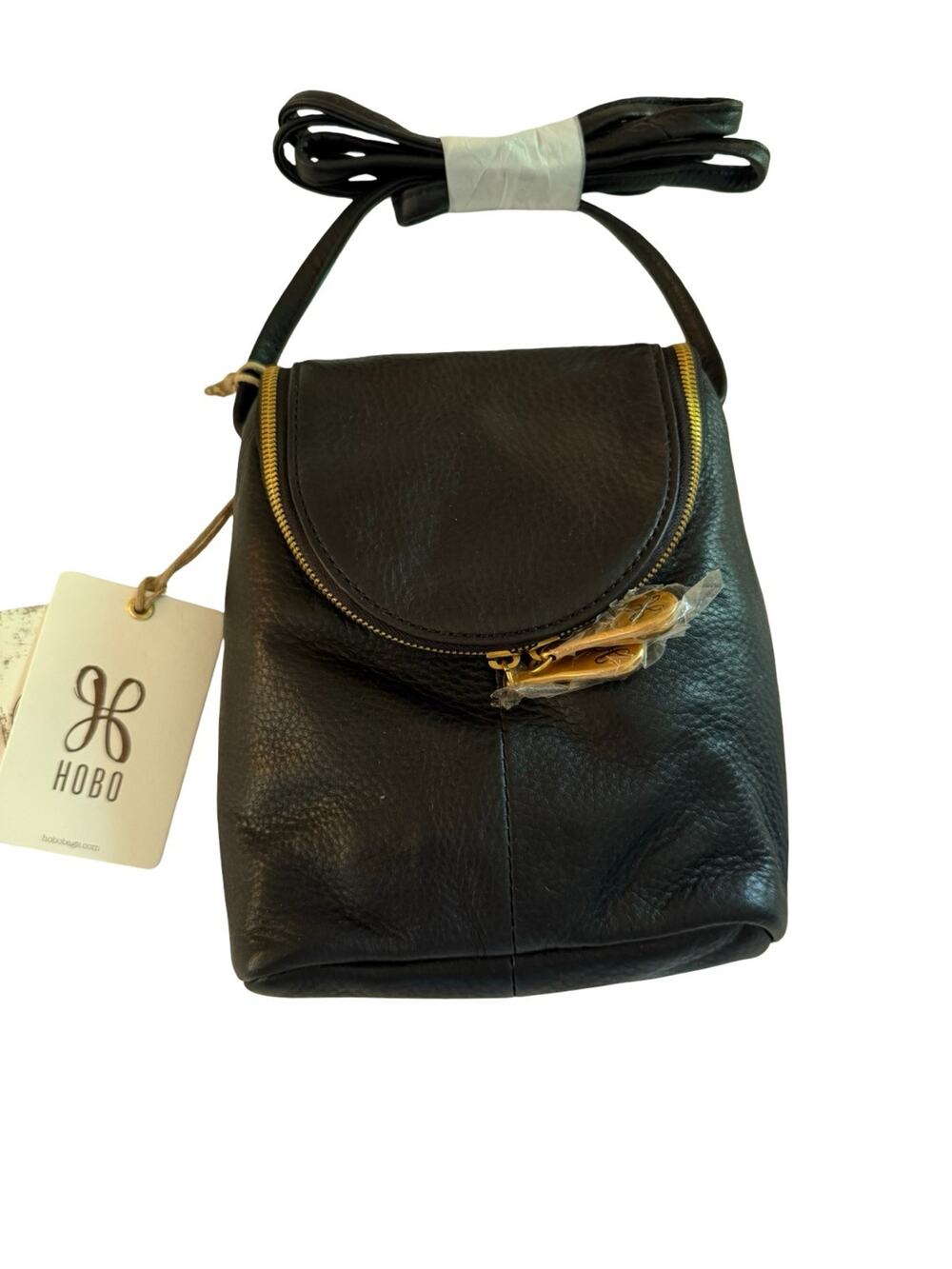 HOBO International Black Pebbled Leather Crossbody Bag Gold Zip Boho NWT